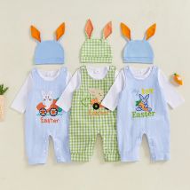 Tregren 0-18 Monate Kleinkind Baby Junge Ostern Outfit Frühling Langarm Strampler Hase Stickerei Plaid Overalls Kaninchen Ohren Hut 3 stücke Sets