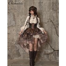 Japanische Punk Asymmetrische PU Brust Platte Strap Schleppende Kleider Langarm Hemd Kleid Sets Herbst Neue Gothic Mädchen Outfits