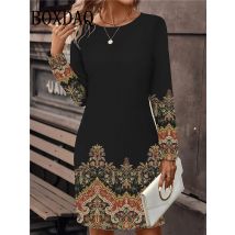 Frauen Casual Langarm Print Kleid Mode Herbst Winter Floral Für Frauen Kleider Retro Oansatz Lose Damen Kleider Vestidos