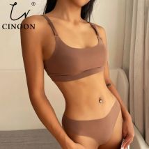 CINOON Frauen Nahtlose Bh Set Sexy Low Taille Tanga Draht Frei Bh Bralette Dessous Büstenhalter Eis Seide Weibliche Unterwäsche Set