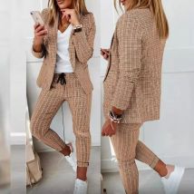Casual Plaid Print Blazer Und Hosen Zwei Stück Sets Frauen Fashion Lace Up Bleistift Hosen Sets Herbst Winter Anzüge Mäntel Outfits