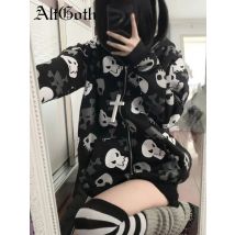 AltGoth Cyberpunk Y2k Sweatshirt Women Mall Goth Harajuku Skull Printed Long Sleeve Zipper Cardigan Hoodie Emo Alt Indie Clothes