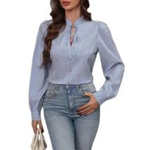 Frauen Stehkragen Tiefem V Spitze-up Hemd Farbe Block Streifen einreiher Dekoration Bluse Elegante Weibliche pendler Tops 4