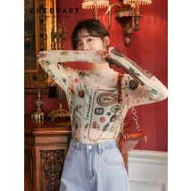 Cheer art mystische Grafik T-Shirt Langarm T-Shirts Mesh Top Frauen Print T-Shirt Vintage Designer Top ästhetische Kleidung