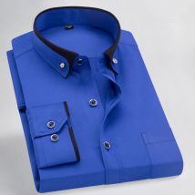 Herren-Business-Langarmhemden, einfarbig, Kontrastfarbe, Kragen, formelle Kleidung, lässige Mode, Standard-Passform, männliche Arbeitskleidung, Blau, TOP 4XL