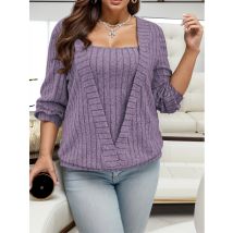 Lässiges, einfarbiges, geripptes, leicht dehnbares Langarm-Top-T-Shirt in Übergröße