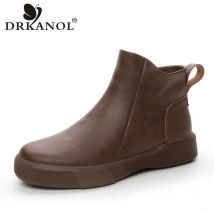DRKANOL Echtes Rindsleder Flache Stiefeletten Für Frauen Runde Kappe Zipper Winter Plüsch Warme Schnee Stiefel Damen Casual Schuhe Große Größe 35-43