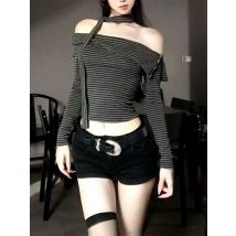 Japanisches Y2k T-Shirt Damen Langarm Sexy Off Shoulder Schlitz Gestreiftes Crop Tops Y2k Grunge 2000er Jahre Ästhetische Streetwear T-Shirts