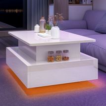 Mesa de centro elevable Balconera: rectangular moderna con 16 LED de color y 2 cajones, superficie elevada con iluminación
