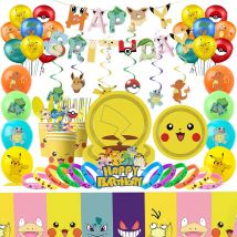 Pokemon Pikachu Geburtstags-Dekorationsset Luftballons Pokemon Tortendekoration Armbänder Teller Becher Servietten Banner Kinder-Partyzubehör