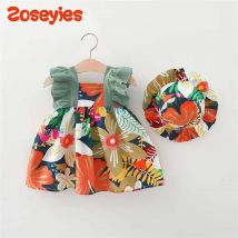 Sommer Baby Mädchen Kleid neue tropische Blume fliegende Ärmel täglich Freizeit kleid mit Hut