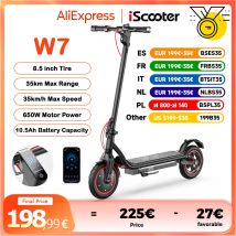 Patinete eléctrico W7 de 8,5 pulgadas, potencia de 650W, 36V10.5Ah, 25-37km, velocidad de 35 km/h, freno de disco trasero, doble choque con aplicación