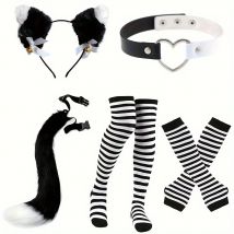 Set costume da gioco di ruolo con strisce bianche e nere, coda pelosa, guanti e calzini, oggetti di scena per Halloween