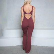 Women Bum Flare V-BACK Scrunch Butt Jumpsuit Women Yoga Sports Hollow Back Jumpsuit Chest Pad Bum Peach Hip Flare Pants BodySuit