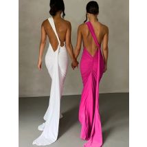 Mozision Schräge Schulter Backless Maxi Kleid Für Frauen Kleid Sommer Zurück Strap Ärmellose Geraffte Party Sexy Langes Kleid Vestidos