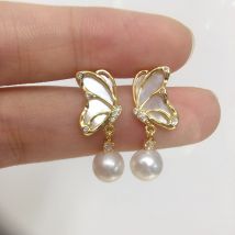 ZHBORUINI 5A Hochwertige natürliche Muscheln Perlmutt Schmetterling Ohrringe natürliche Süßwasserperlen Ohrringe für Frauen