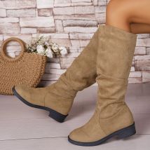 Plissee Stiefel Frauen Faux Wildleder Flock Kniehohe Stiefel 2025, Winter Frauen Mode Slip auf Platz Niedrigen Absatz Ritter Booties Mujer