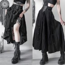 Goth Dark Acubi Mode Schwarz Swing A-linie Rock Punk Grunge Metall Schnalle Streetwear Bandage Röcke Mall Gothic Alt Clother