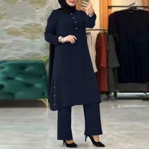 Frauen Muslimischen Zwei Stück Set Mode Elegante Einfarbig Unregelmäßige Lange Hemd Top Breite Bein Hosen Robe Abaya Muslimischen Frau Dubai