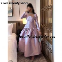 Elegant Evening Dress Customized Long Sleeves Square Neck Pleat Ankle Length Satin Saudi Arab Prom Gown Arabian Formal Dresses