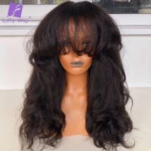 Parrucca ondulata Yaki con frangia Parrucca piena del cuoio capelluto fatta a macchina Parrucca ondulata con frangia Yaki Parrucche brasiliane di capelli umani Remy per le donne 22 "Rufy