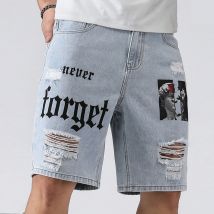 Pantaloncini di jeans elasticizzati estivi da uomo Jeans da uomo Streetwear Lettera strappata al ginocchio Baggy Comfort Cargo Pantaloncini casual Pantaloni Jean