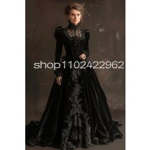 Maßgeschneiderte samtgothic viktorianische Ballkleider mit langen Ärmeln, Applikation, Stehkragen, Schnürkorsett, Halloween-Abendkleid, Festival