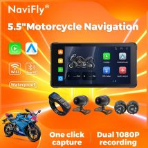 NaviFly 5.5 pollici moto Wireless Carplay e Android Auto IPX7 BT casco schermo di visualizzazione di navigazione portatile Dual DVR TPMS