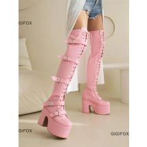 Gigifox Plateaus tiefel für Frauen über dem Knie hochhackige Stiefel Punk Goth Mode neue Schuhe Herbst Winter brandneue Schnallen