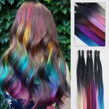 I-Tip Posticci lunghi lisci Estensioni dei capelli color arcobaleno Evidenziazione sintetica Piuma Micro anello Accessori per capelli Colore Ombre