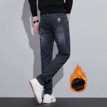 Winter-Jeans aus schwarzem und grauem Fleece für Herren, gerade, schmal, Stretch, lässig, Trend, vielseitig, einfach, verdickt, Blaugrau