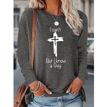 Women's Spring and Autumn 100% pure cotton fashionable casual loose Christian English printed round neck long sleeved T-shirt