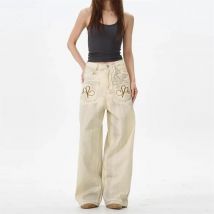 Sommer-Vintage-Jeans aus besticktem, gewaschenem Denim für Damen auf der Straße, schmutzige, gefärbte und umgekehrte, lockere, lässige Hose mit geradem Bein