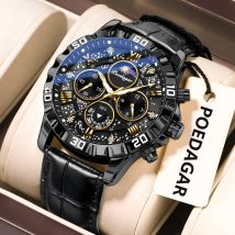 POEDAGAR Orologio da uomo di moda di lusso Cronografo impermeabile Orologio da polso da uomo luminoso Cinturino in pelle Orologi da lavoro al quarzo per uomo