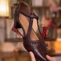 High Heel Baotou Sandals Block Heel French Vintage Stone Pattern Summer Cutout Pointed Toe Women's Shoes