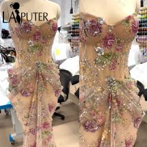 Floral Spitze Nude Meerjungfrau Prom Kleider Korsett Dropped Taille Abendkleid Off Schulter Sexy Lange Tüll Frau Formale Kleid Neue