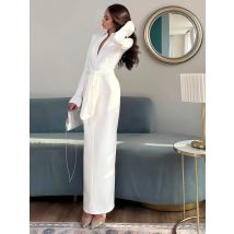 Sisterlinda Büro-Stil-Kleid für Damen, schulterfrei, gepolstert, mit Reißverschluss gewickelt, Bandage, volle Ärmel, Splits, elegant, solide, einfach, lang, figurbetont
