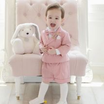 Rosa Jungen Anzug für Hochzeiten Geburtstag kleiner Junge Gentleman Outfit formelle Anzüge Kinder Mantel Riemen Shorts Fliege Kleidung Set