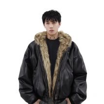Winter High Street Leather Shaggy Fur Patchwork Short Warm Thick Coat Hooded Fluffy Faux Fur Jacket Women Luxury Design Coats