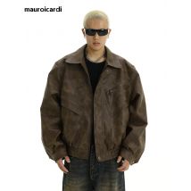 Mauroicardi Frühling Cool Handsome Retro Distressed Brown Pu Lederjacke Herren Reißverschluss Luxus Designer American Vintage Kleidung