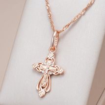 Kinel Luxus 585 Rose Gold Farbe Natürliche Zirkon Kreuz Anhänger Halskette Für Frauen Orthodoxe Kirche Jesus Charme Täglichen Edlen Schmuck