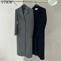 VTKW Women’s 100% Wool Long Coat New Vintage Elegant Minimalist Lapel Collar Hidden Button Casual Winter Premium Solid Color