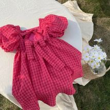 Bär Führer Sommer Rot Plaid Bogen Kleider Elegante Lolita Kind Baby Mädchen Midi Kleid Kinder Kleider Mädchen Party Prinzessin Sommerkleid