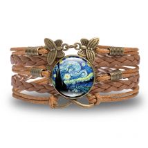 Vintage Van Gogh Sternennacht Glaskuppel Lederarmband Bronzebeschichtete Schmetterlingsarmbänder für Frauen