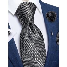 Luxury Black Silver Houndstooth 8cm Silk Ties For Men Wedding Neck Tie Handkerchief Cufflinks Brooch Mens Gift