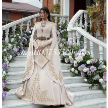 Khakifarbene muslimische Brautkleider mit langen Ärmeln, geteilt, luxuriös, bestickte Applikation, Stehkragen, arabische Brautkleider, ethnische Hochzeit, individuell