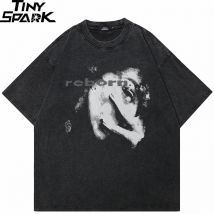 Hip Hop Gewaschen Schwarz T-Shirt Streetwear Gedruckt T Shirt Baumwolle Ästhetische Grafik T-shirt Harajuku Männer Tops Tees Unisex Y2K