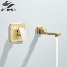 Gebürsteter goldener Waschbecken-Wasserhahn, Wandmontage, Badewanne, Duscharmatur, Einhebelmischer, drehbarer Auslauf, Mischbatterie, heißes und kaltes Wasser, Chrom / Schwarz