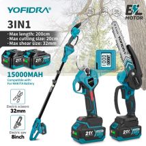 YOFIDRA 3 en 1 poste telescópico sin escobillas tijeras eléctricas de 32MM motosierra de 8 pulgadas poda alta de jardín para Pin de batería Makita de 18V