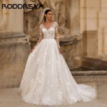 Roddrsya Applique Spitze Brautkleid für Frau Braut maßge schneiderte lange Ärmel U-Ausschnitt Illusion zurück Boho Vestidos de NoviaRODDRSYA Applique Spitze Brautkleid für Frau Braut Kundenspezifische